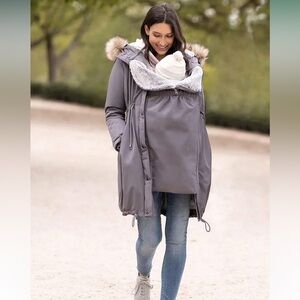 RARE Seraphine Slate Gray Premium 3in1 Maternity Babywearing Parka Coat Faux Fur